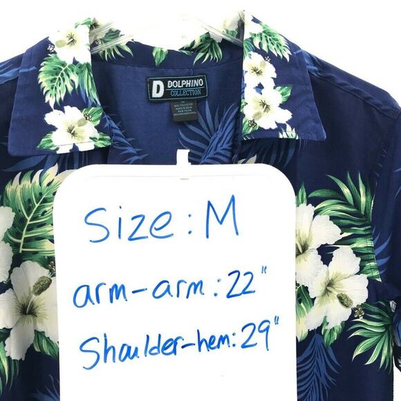 Dolphino Mens Hawaiian Shirt Floral Blue White Green Short Sleeve Classic Fit M - Picture 7 of 7